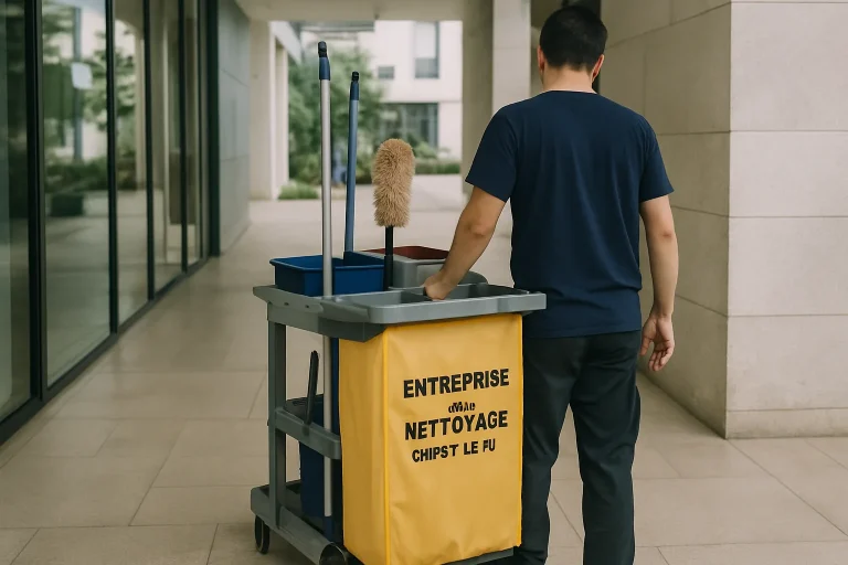 Professionnel de nettoyage en action dans un bureau à Choisy-le-Roi, désinfectant les surfaces.