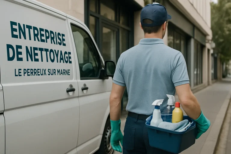 Un agent de nettoyage professionnel désinfecte un bureau à Le Perreux-sur-Marne.