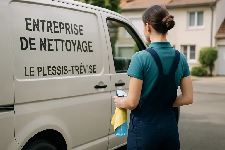 Équipe de nettoyage à Le Plessis-Trévise nettoyant un immeuble de bureaux.
