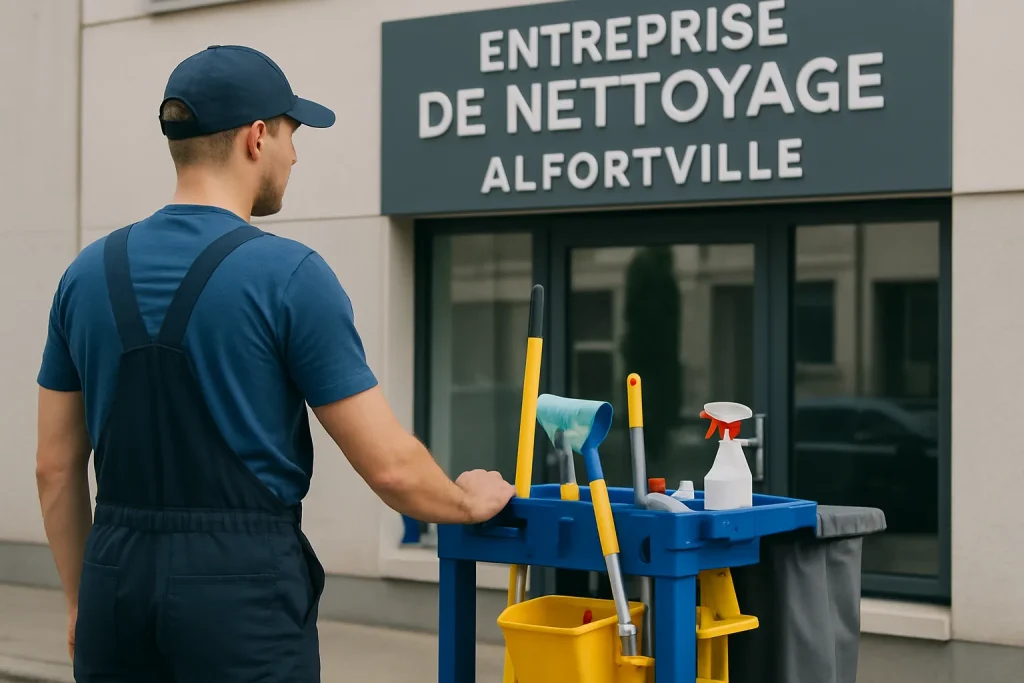 Professionnel du nettoyage désinfectant un bureau moderne à Alfortville.