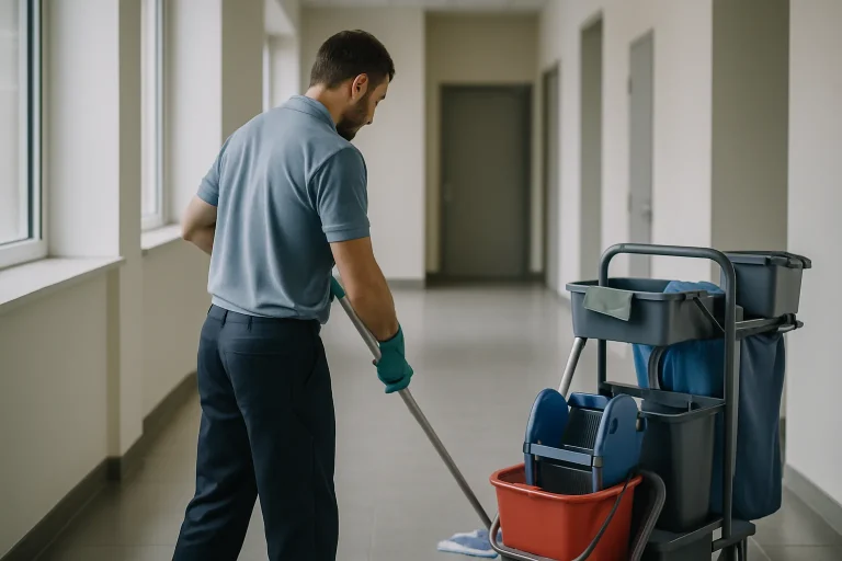Équipe de nettoyage professionnelle dans un appartement à Saint-Maurice, utilisant des équipements modernes.