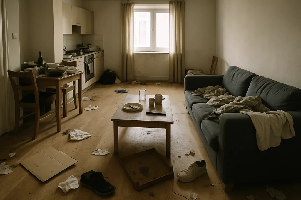 Appartement en désordre et sale à Créteil avant nettoyage, vue large
