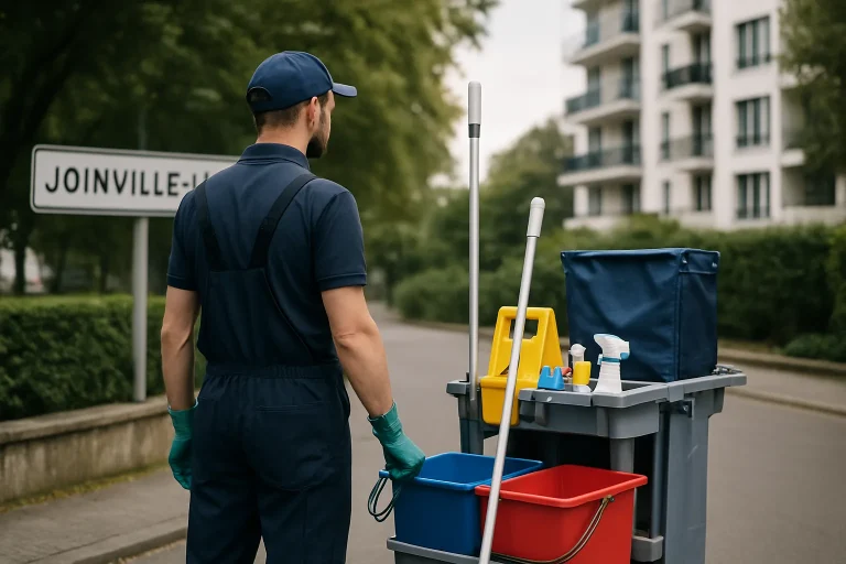 Un professionnel du nettoyage dans un appartement à Joinville-le-Pont avec des produits de nettoyage.