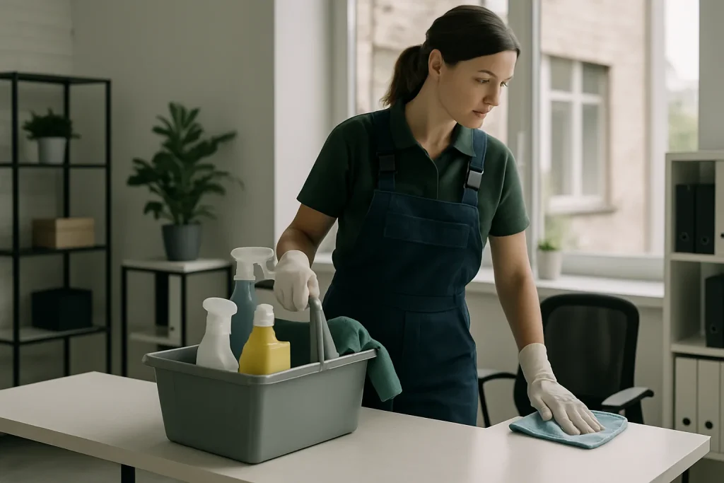 Équipe de nettoyage professionnelle dans un appartement à Gentilly, utilisant des produits écologiques.