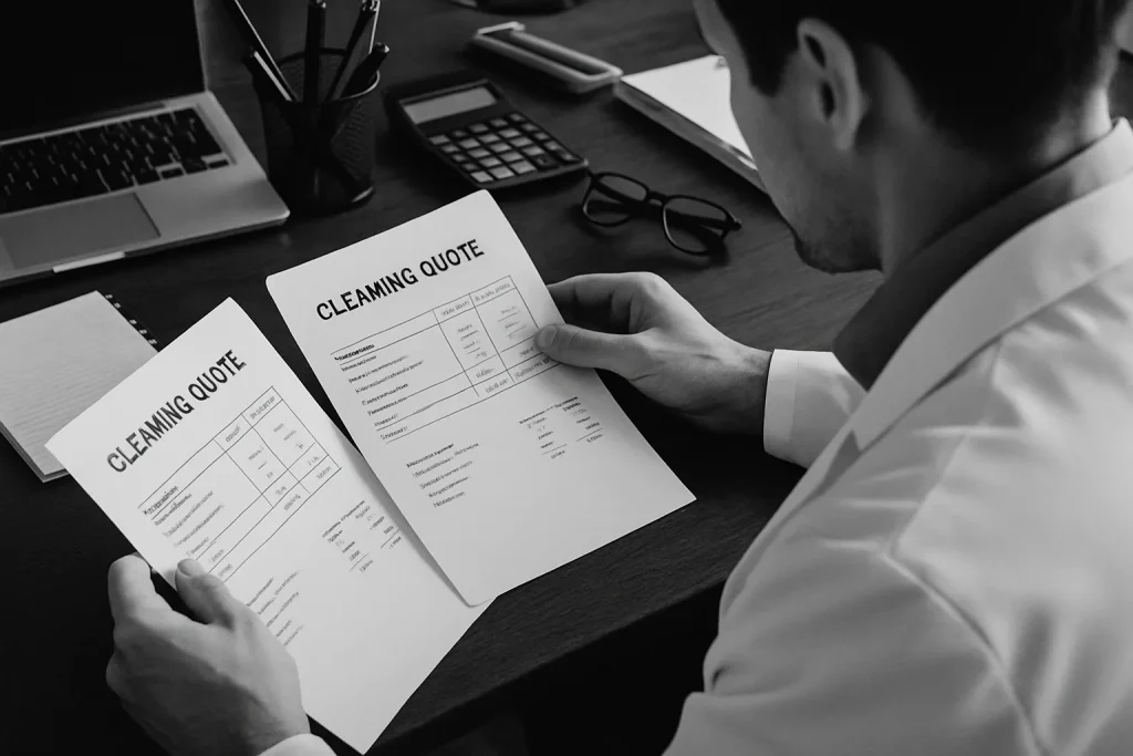 Homme en blouse examinant deux devis de nettoyage sur une table, en noir et blanc.