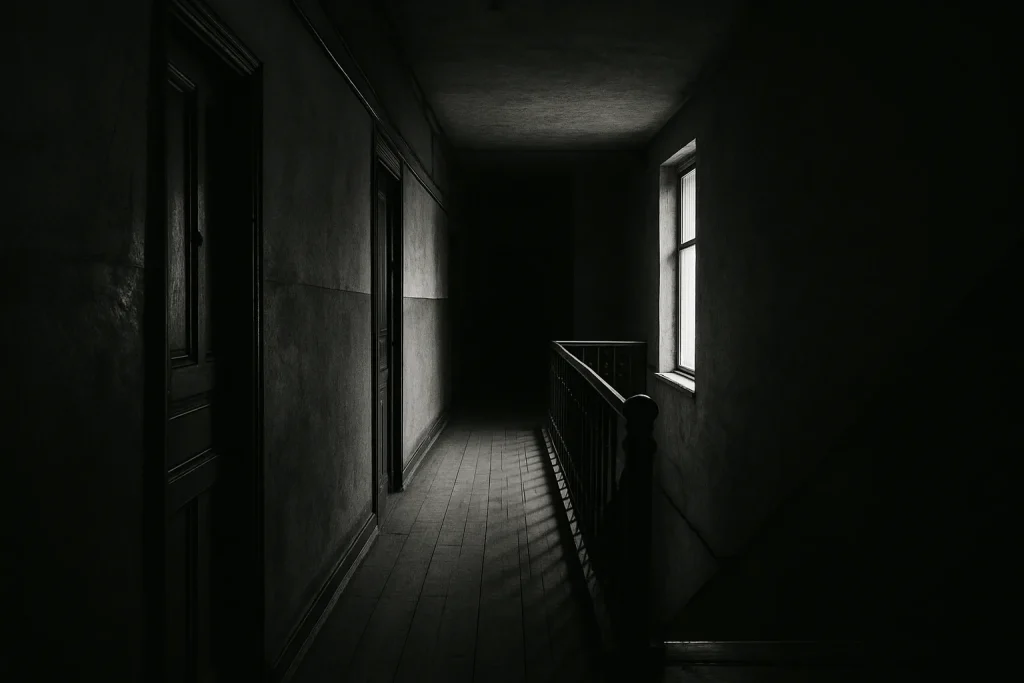 Couloir d'immeuble ancien en noir et blanc, lumière naturelle venant d'une fenêtre.