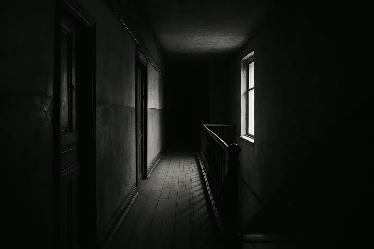 Couloir d'immeuble ancien en noir et blanc, lumière naturelle venant d'une fenêtre.