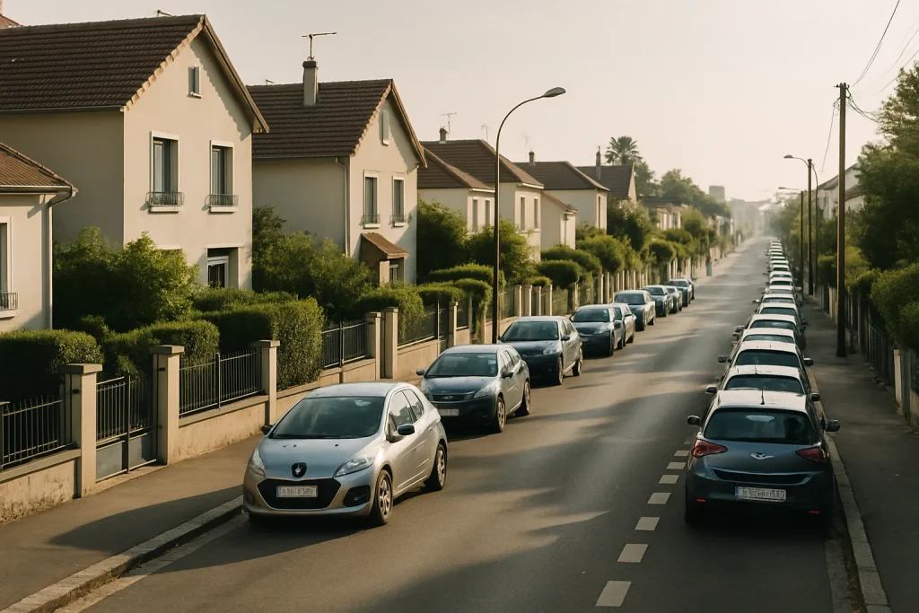 Vue d'une rue résidentielle à Créteil par un matin clair, voitures garées.