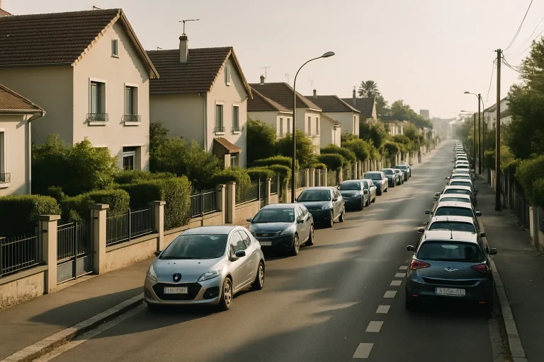 Vue d'une rue résidentielle à Créteil par un matin clair, voitures garées.