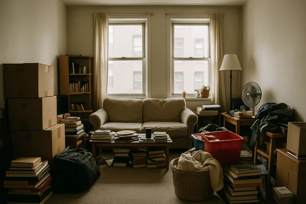 Appartement encombré avec divers objets, nécessitant un nettoyage.