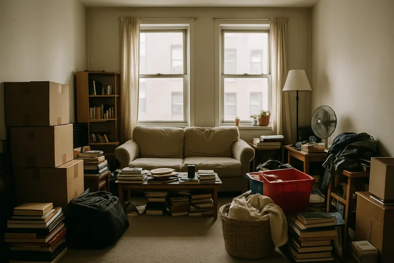 Appartement encombré avec divers objets, nécessitant un nettoyage.