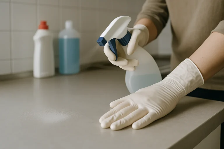 Mains portant des gants en latex désinfectant une cuisine avec un pulvérisateur.