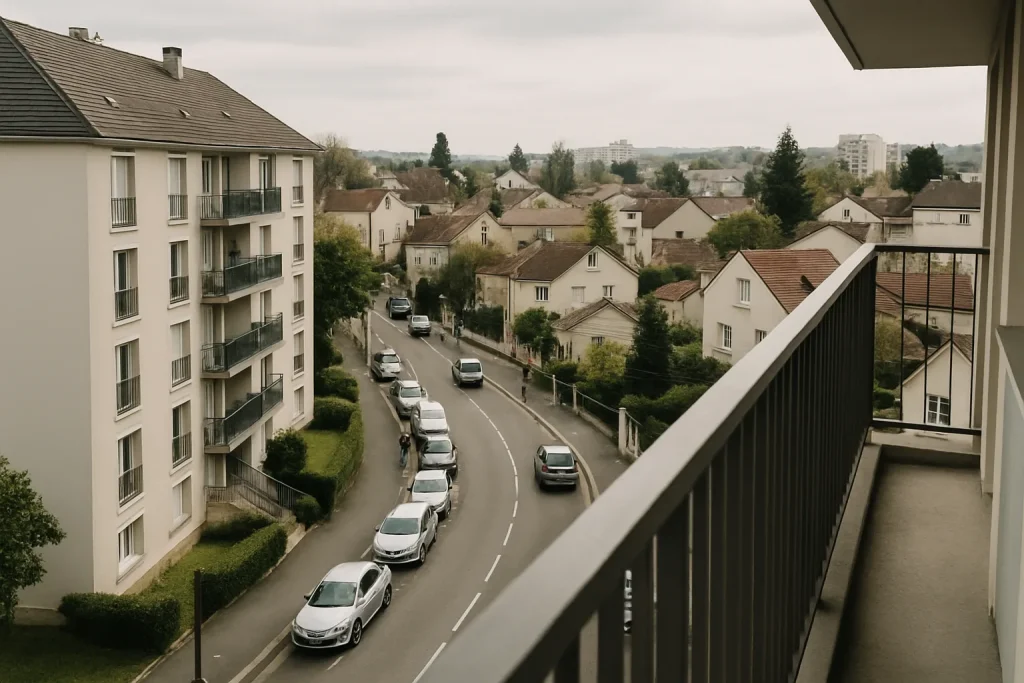 Vue plongeante d'un quartier résidentiel animé à Champigny-sur-Marne, lumière du jour.