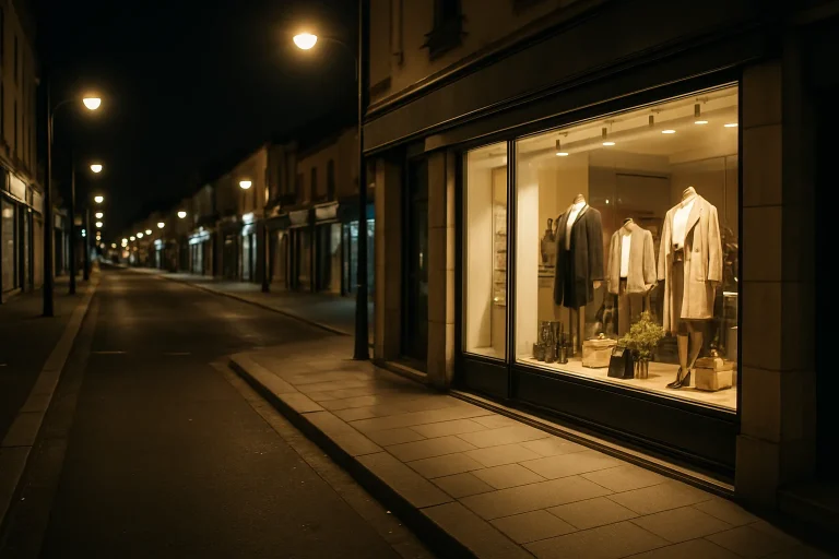 Rue commerçante à Thiais la nuit avec vitrines illuminées et trottoirs propres.