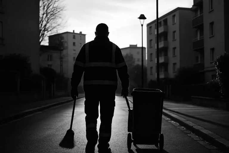 Silhouette de dos d'un agent de nettoyage dans une rue de Vitry-sur-Seine en noir et blanc.