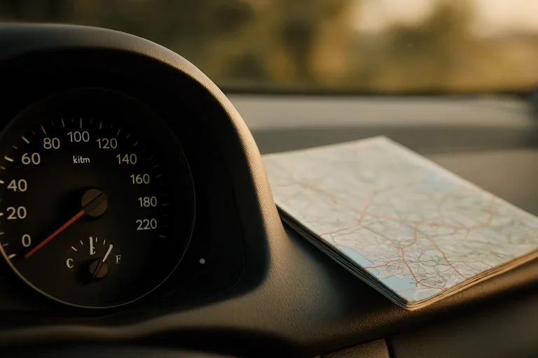 Gros plan sur un tableau de bord de voiture avec une carte routière, éclairage naturel.