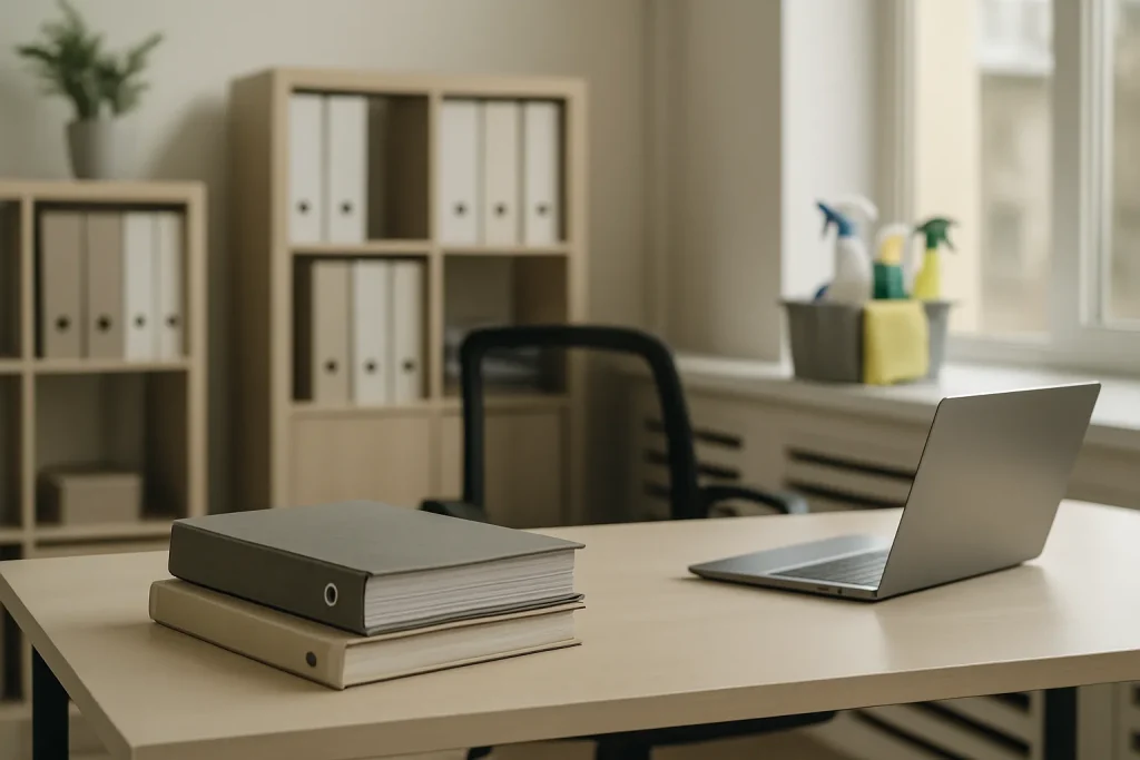 Bureau avec dossiers et ordinateur, gestion des devis de nettoyage à Alfortville.