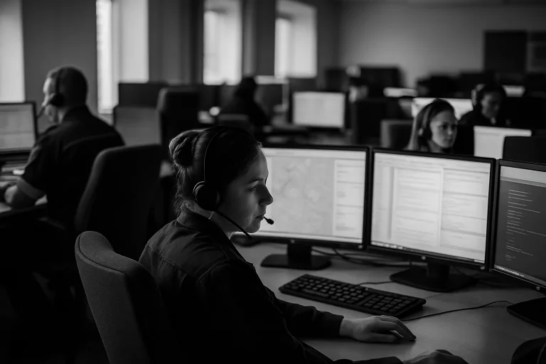 Opérateurs au centre d'appel d'urgence, écrans allumés, ambiance concentrée.