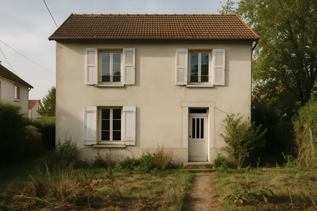 Maison à L’Haÿ-les-Roses avec vue sur un jardin désordonné, éclairage matinal.