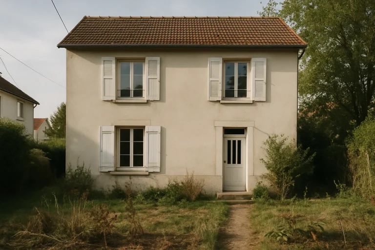 Maison à L’Haÿ-les-Roses avec vue sur un jardin désordonné, éclairage matinal.