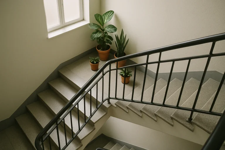 Cage d'escalier avec lumière filtrante et plantes en pot à Maisons-Alfort