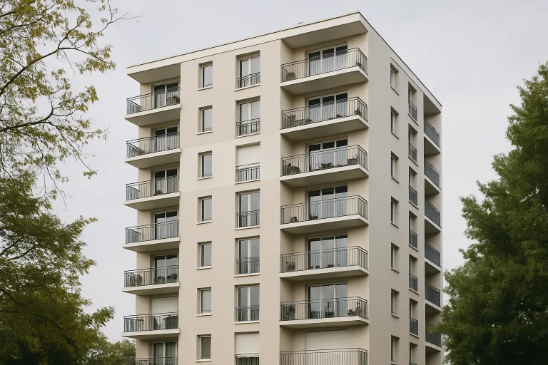 Vue extérieure d'un immeuble résidentiel à Vitry-sur-Seine, arbres en avant-plan.