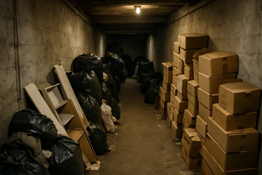 Cave encombrée avec déchets et cartons à Maisons-Alfort, perspective plongée.