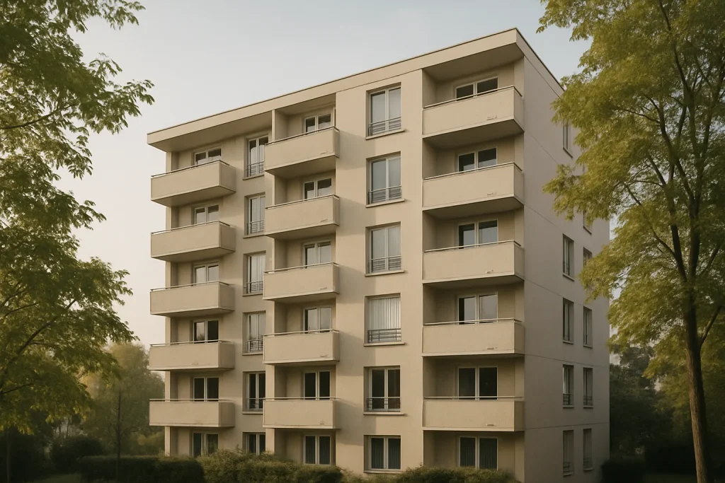 Immeuble résidentiel à Fontenay-sous-Bois avec arbres en avant-plan, lumière douce.