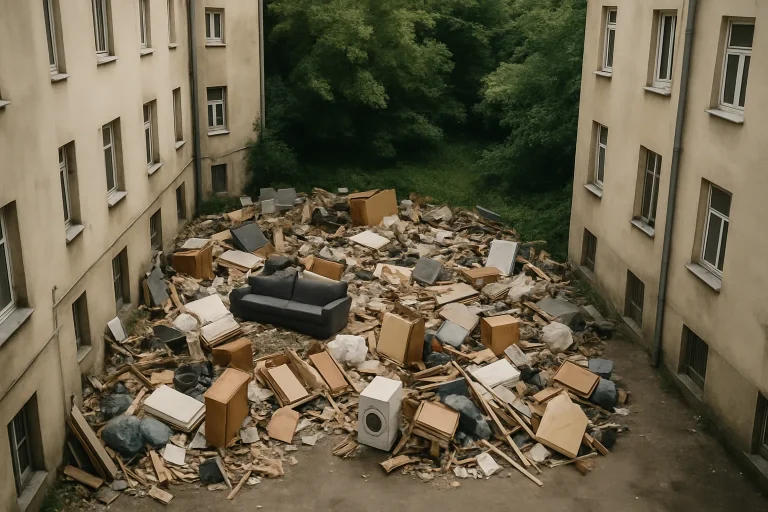 Accumulation d'encombrants dans une cour d'immeuble à Bonneuil-sur-Marne, vue plongeante