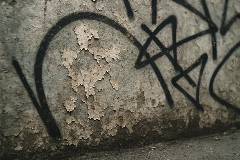 Surface avec graffiti et peinture écaillée, lumière naturelle, angle incliné.