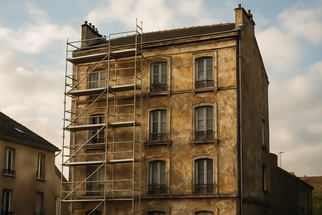 Façade dégradée d'un immeuble à Villeneuve-Saint-Georges avec échafaudages.