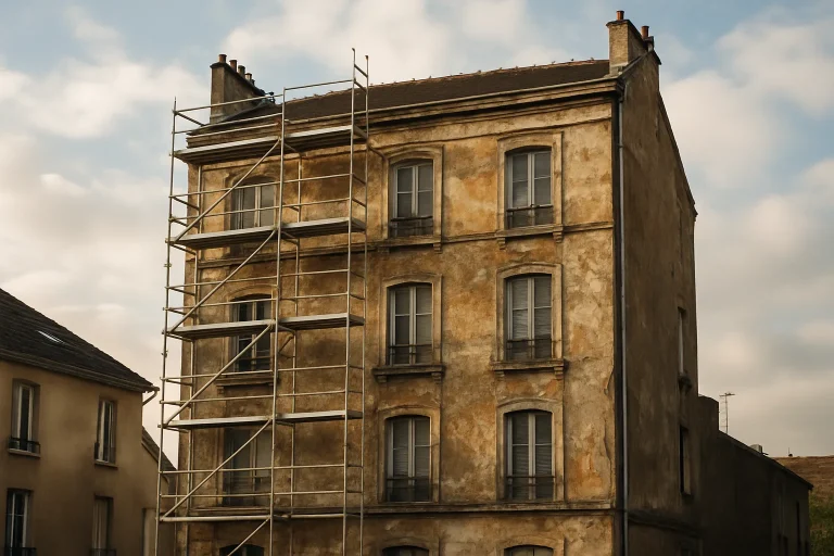 Façade dégradée d'un immeuble à Villeneuve-Saint-Georges avec échafaudages.