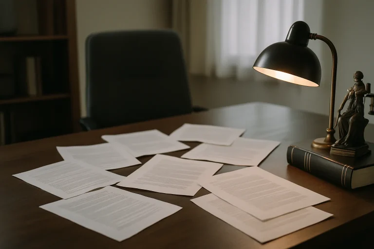 Bureau d'avocat avec documents juridiques sur une table en bois, lampe allumée