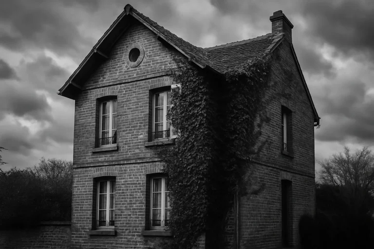 Maison ancienne à Champigny-sur-Marne, façade en briques avec lierre, ciel nuageux.