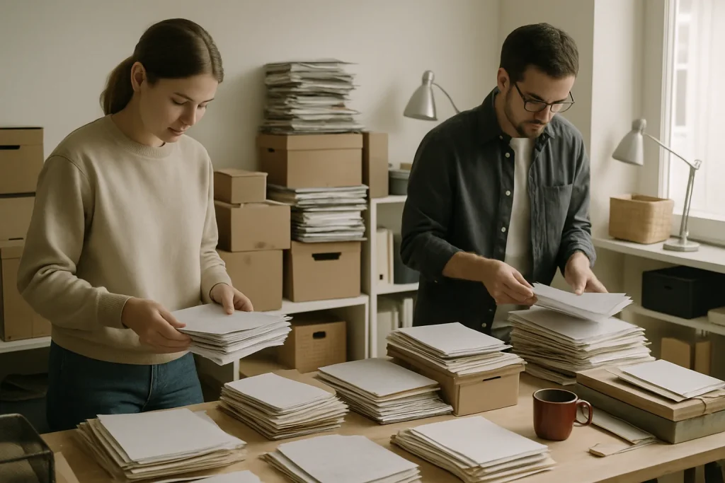 Deux personnes trient des documents et objets dans une pièce encombrée, lumière neutre.