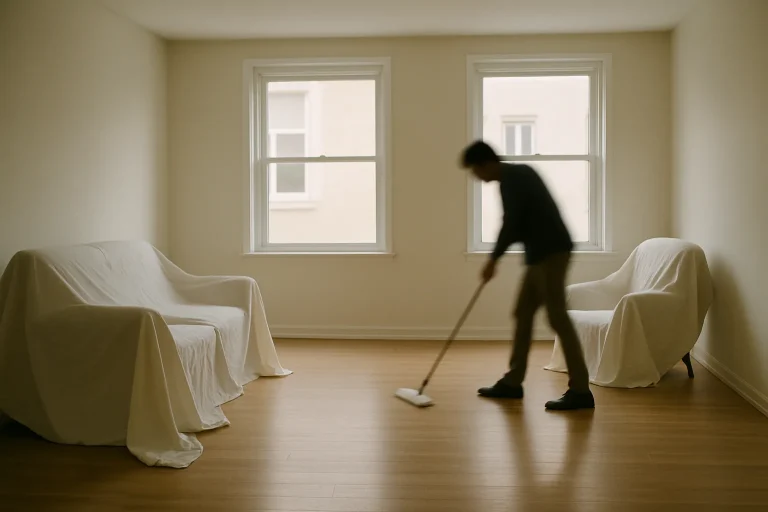 Appartement vide avec silhouette floue nettoyant le sol, meubles couverts.