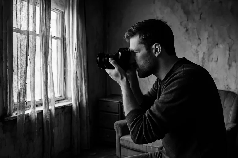 Homme prenant des photos dans un logement insalubre, lumière du jour, noir et blanc