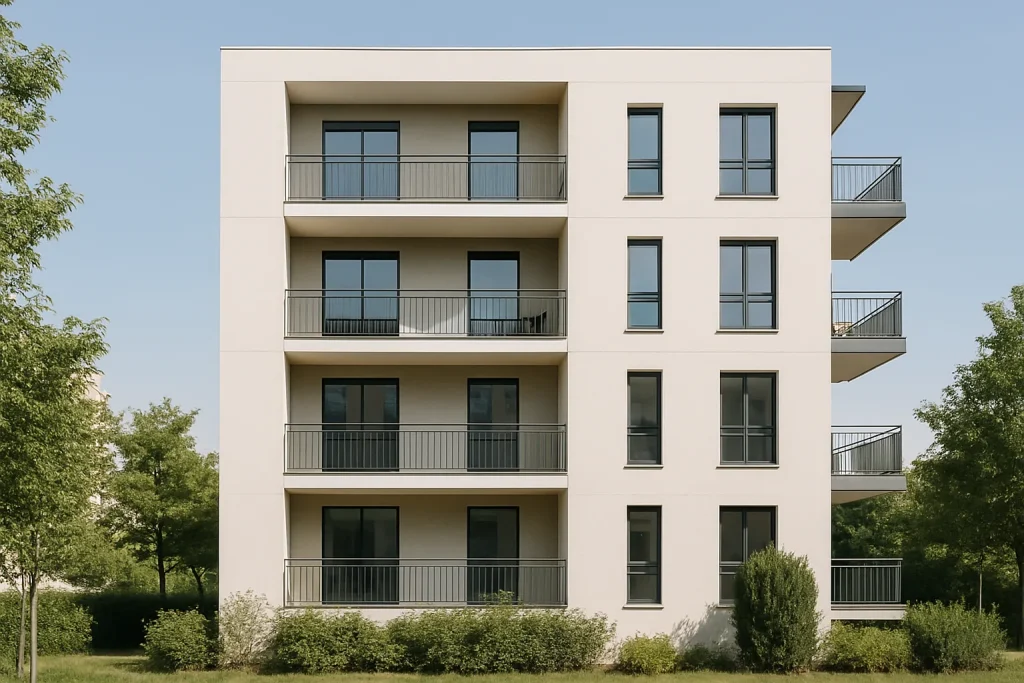 Immeuble moderne avec balcons à Créteil, ciel dégagé et végétation