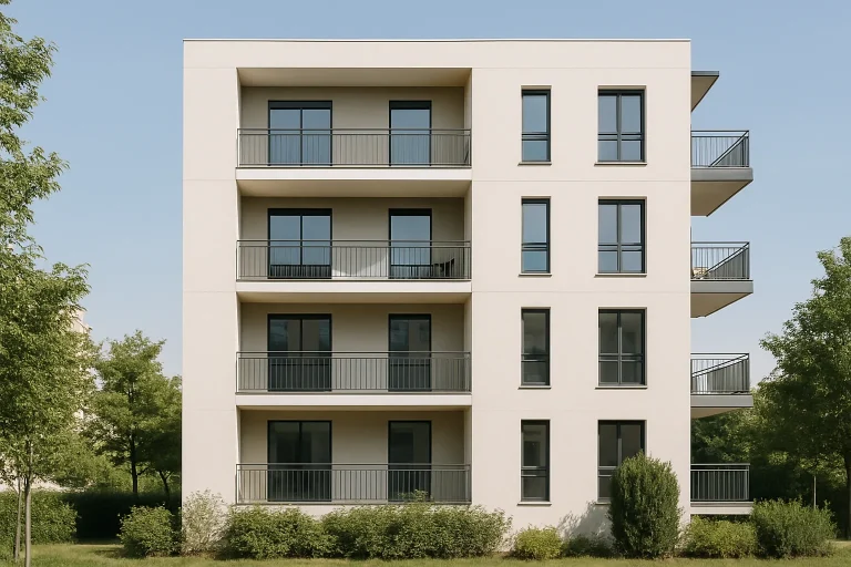Immeuble moderne avec balcons à Créteil, ciel dégagé et végétation