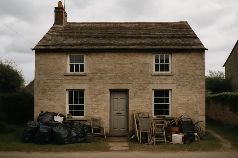 Extérieur d'une maison ancienne encombrée, question des frais de débarras