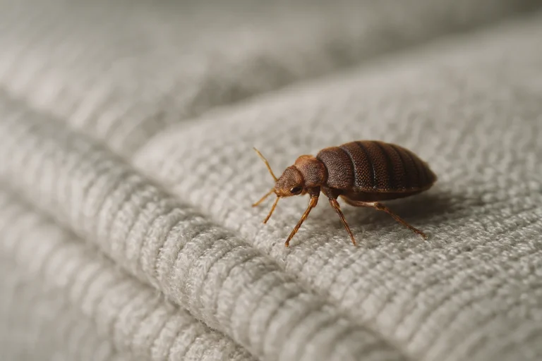 Gros plan d'une punaise de lit sur un matelas avec détails de l'insecte.