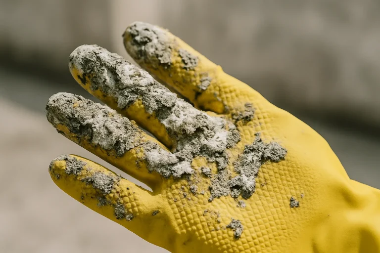 Gros plan de gants de nettoyage couverts de fientes de pigeon sèches