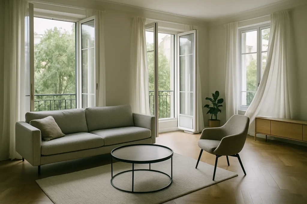 Salon moderne à Nogent-sur-Marne, lumière douce, fenêtres ouvertes, sol propre