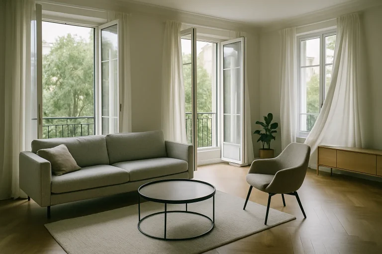 Salon moderne à Nogent-sur-Marne, lumière douce, fenêtres ouvertes, sol propre