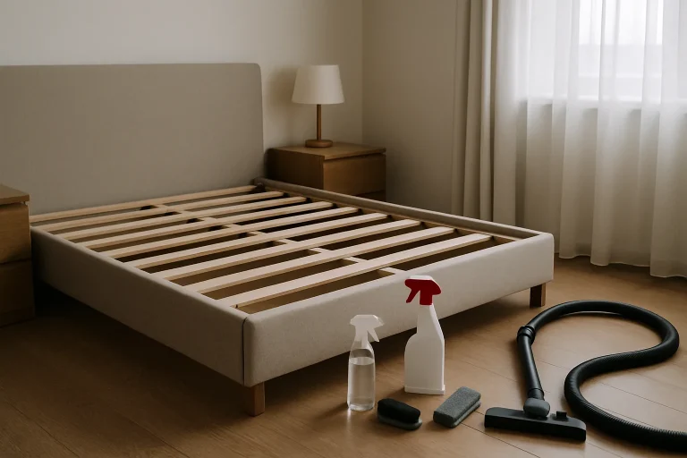 Chambre à Cachan avec matelas enlevé et outils de traitement contre punaises au sol