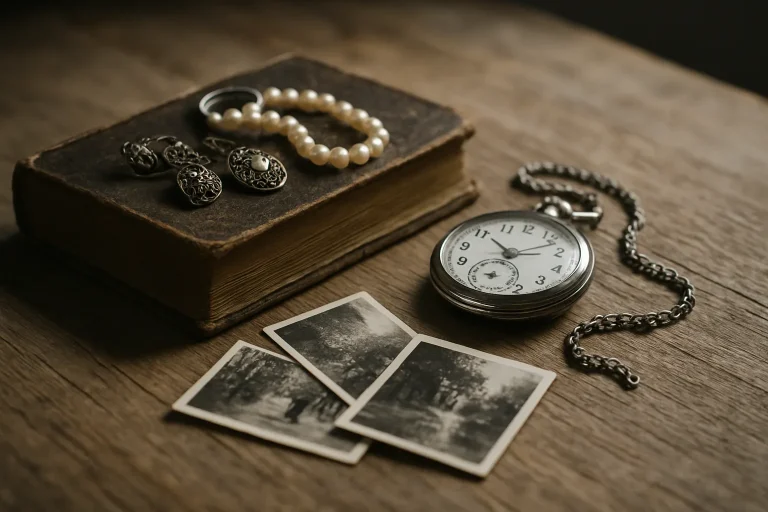 Table en bois avec objets anciens : livre, bijoux, montre de poche, photos.