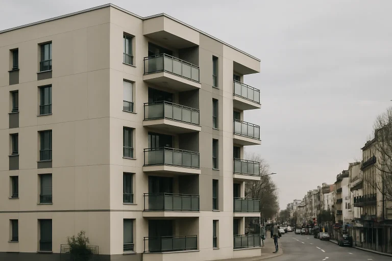 Façade d'un immeuble résidentiel moderne à Maisons-Alfort, rue animée en arrière-plan.