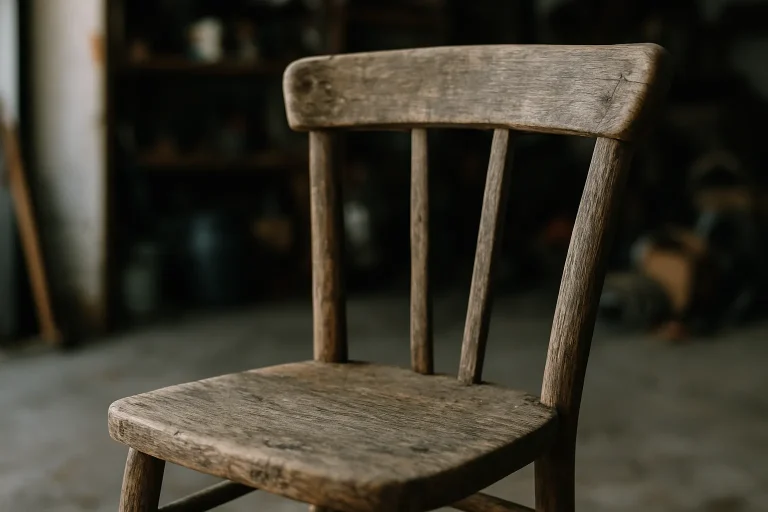 Vue détaillée d'une vieille chaise en bois usée dans un garage encombré