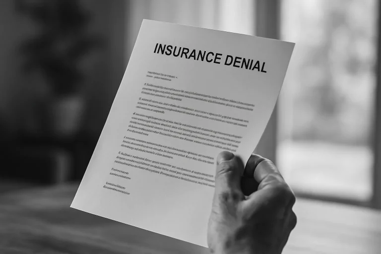 Main serrant une lettre de refus d'assurance, noir et blanc