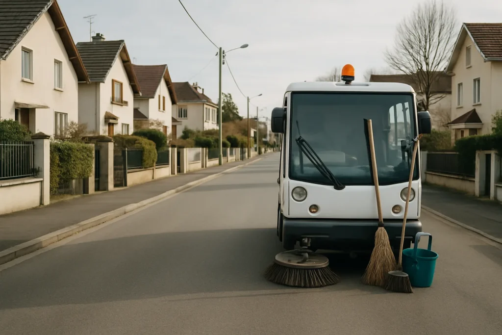 Rue résidentielle à Orly avec une voiture de nettoyage stationnée, prête pour une intervention après sinistre